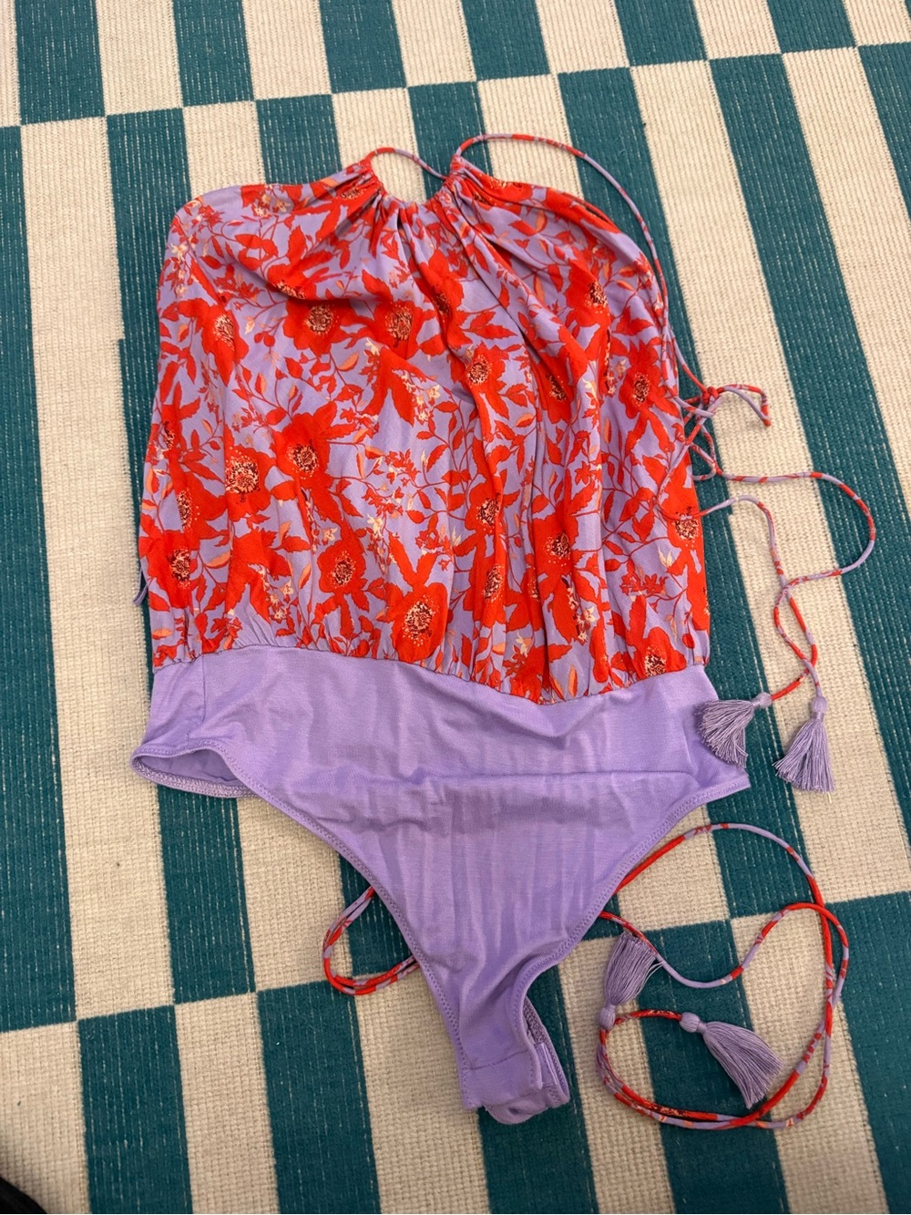 Free People Red Floral on Lavender Halter Bodysuit